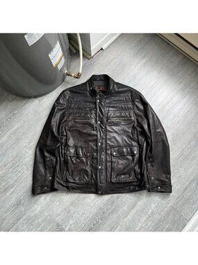 Brown / Black Danier Full Zip-Up Biker Style Leather Bomber Jacket (Men’s XL)